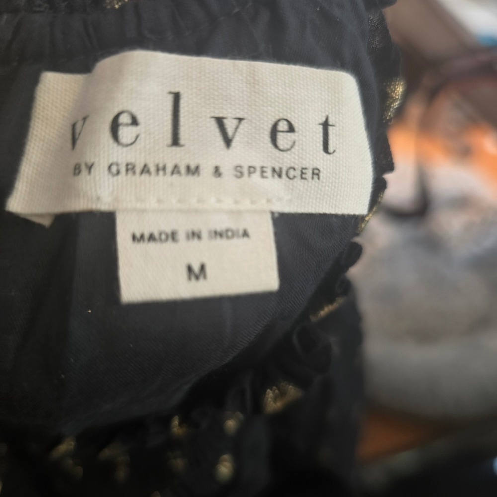Velvet by Graham & Spencer Black Gold Metallic Polka Dot Smocked Mini Dress M - Picture 3 of 10